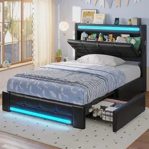 ADORNEVE Twin Bed Frames with Storage Headboard & 4 Drawers, LED Bed Frame with Charging Station, Upholstered Twin Size Platform Bed for Kids, No Box Spring Needed, Black PU