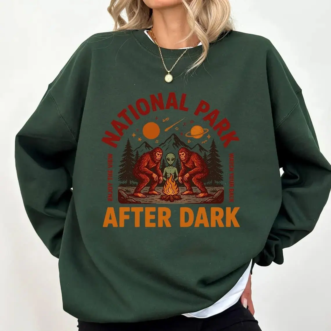 National Park After Dark Sweatshirt, Bigfoot UFO Camping Crewneck, Cryptid Campfire Pullover, Sasquatch Alien Gift