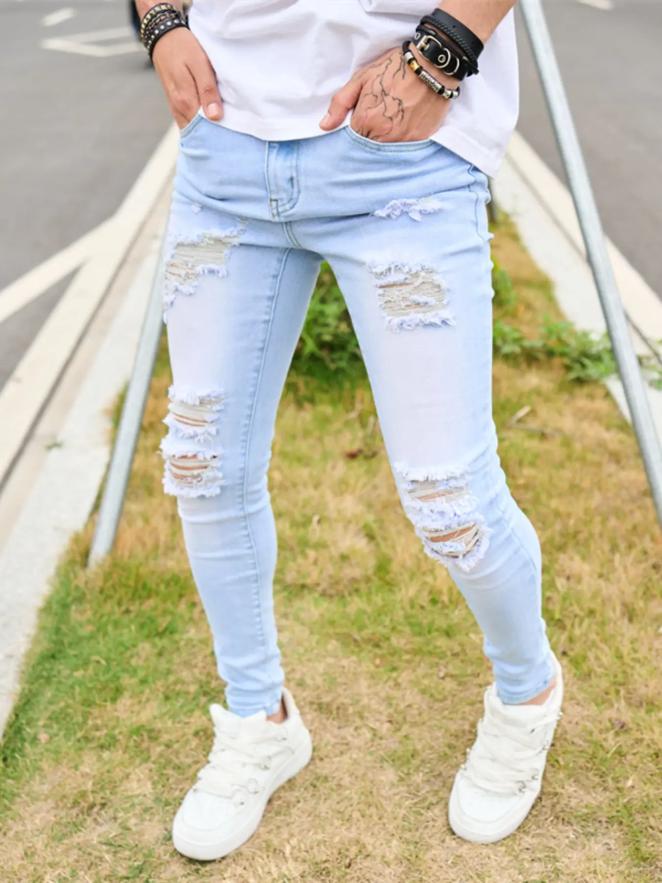 Men's Ripped Jeans, Distressed Skinny Jeans, Casual Comfy Streetwear Pocket Skinny Jeans Pants for Daily Wear, Fashion Men's Bottoms for All Seasons Fabric Menswear, Ripped Distressed Denim