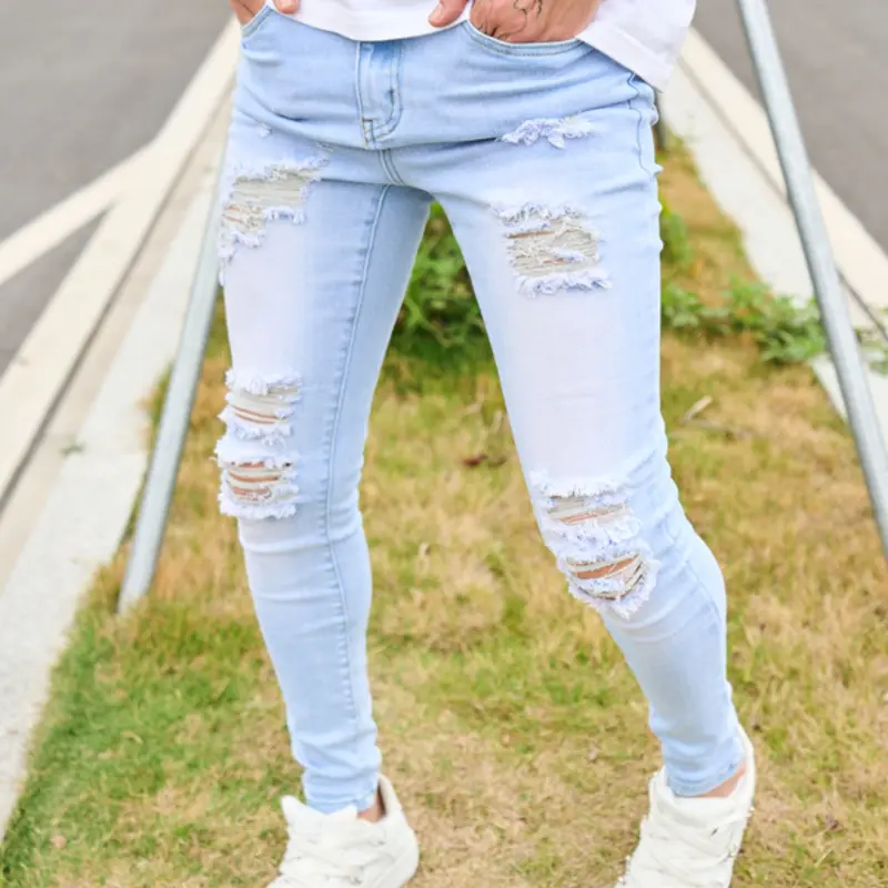 Men's Jeans, Trendy Distressed Denim, Distressed Skinny Jeans, Casual Comfy Streetwear Pocket Skinny Jeans Pants for Daily Wear, Fashion Men's Bottoms for All Seasons Fabric Menswear, Ripped Distressed Denim Woven Jeans