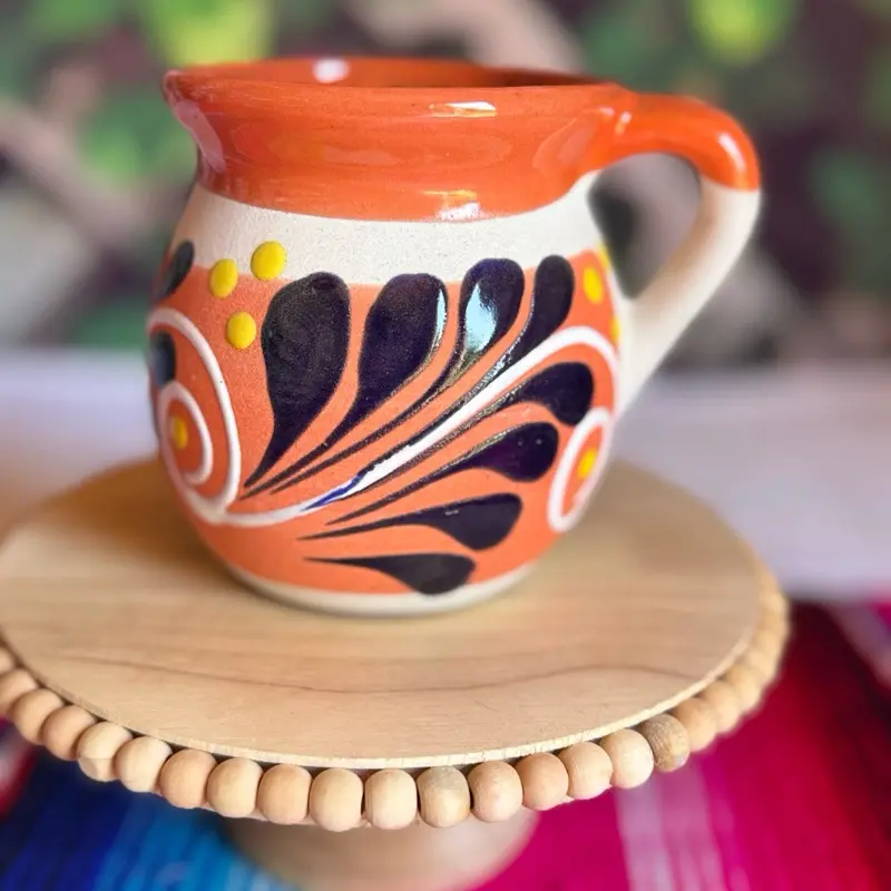 Engove Coffee Mug 355 ml Franja Naranja - Orange Ceramic Cup with Unique Floral Design and Wooden Coaster Reusable Beverage Drinkware Set Aesthetic Tumbler Reuse