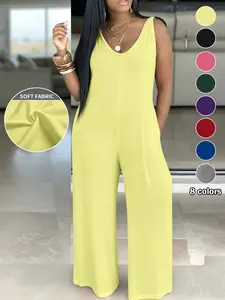 Plus Size Women's 8 Color Options, Casual Simple Solid Sleeveless Hooded Tank Romper, Loose Wide Leg Pants with Pockets, Essential for Everyday Use