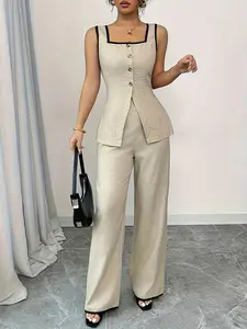 Two-Piece Set Women's Solid Square Neck Tank Top & Wide Leg Pants Set, Casual Matching Set, Casual Lounge Set, Casual Sleeveless Top & Pants for Spring & Fall, Women's Clothes for Daily Wear, Suits, Matching Lounge Sets