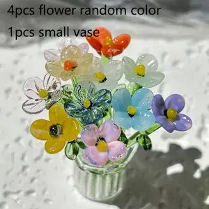 Mini Glass Flower Bouquets, Handmade Colored Blown Glass Flowers with Vases, Artificial Daisies for Mini Vase Decor, Mother's Day Gift, DIY Craft