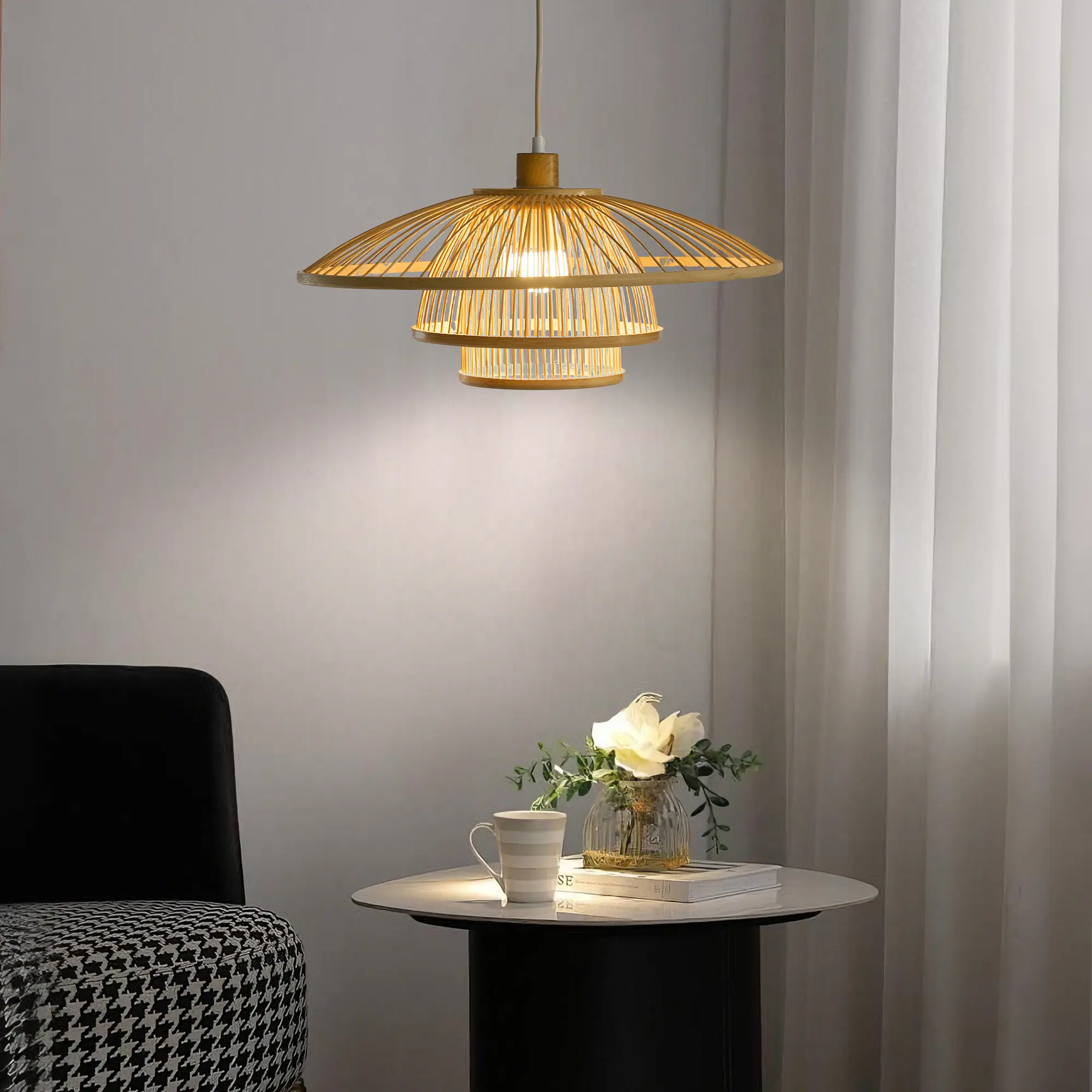 Booniture Wabi-Sabi Layered Pendant Light - 3-Tiered Bamboo Shade, Adjustable Cord, Natural Woven Texture, E26 Bulb Included, for Kitchen Islands, Dining Rooms, WeeklyDeals backtoschoolshopping