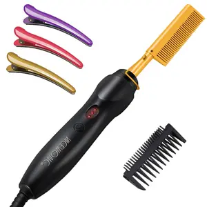 Ceramic Heating Hair Straightener Comb, Hot Pressing Brush for Natural Black Hair, Beard, Wigs and Curling