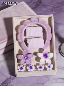 9Pcs Purple Skincare Headband and Wristband Set with Flower Hair Claws for Women, Microfiber Spa Headband for Washing Face, No-Slip Plumeria Hair Clips Hair Accessories Kit, Self Care Gift for Girls
