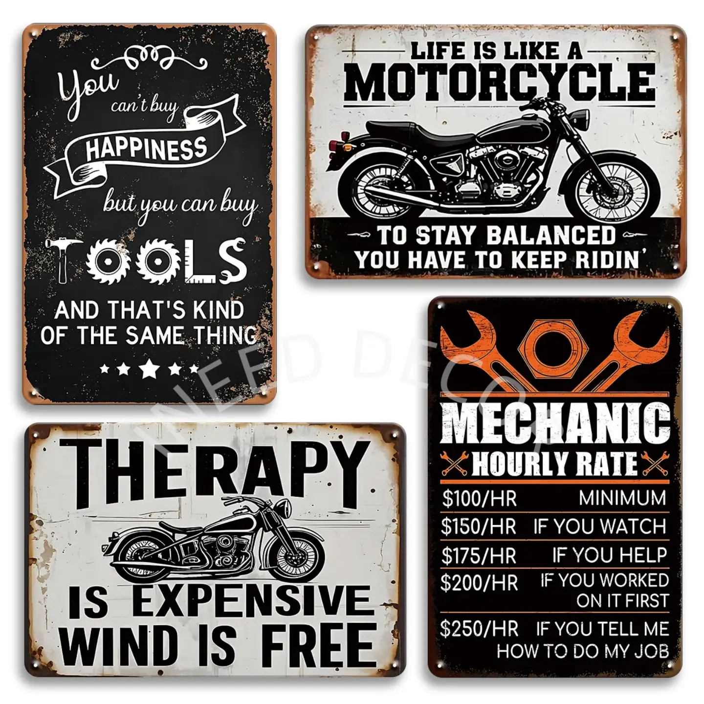 4-Pack Combo Motorcycle Style Metal Tin Signs Vintage Garage Signs Retro Home Decor, Home Decoration, Man Cave, Garage, Basement Wall Art Decorative Plaques, Suitable For Motorcycle Enthusiasts 8x12 Inch Home Decor Products