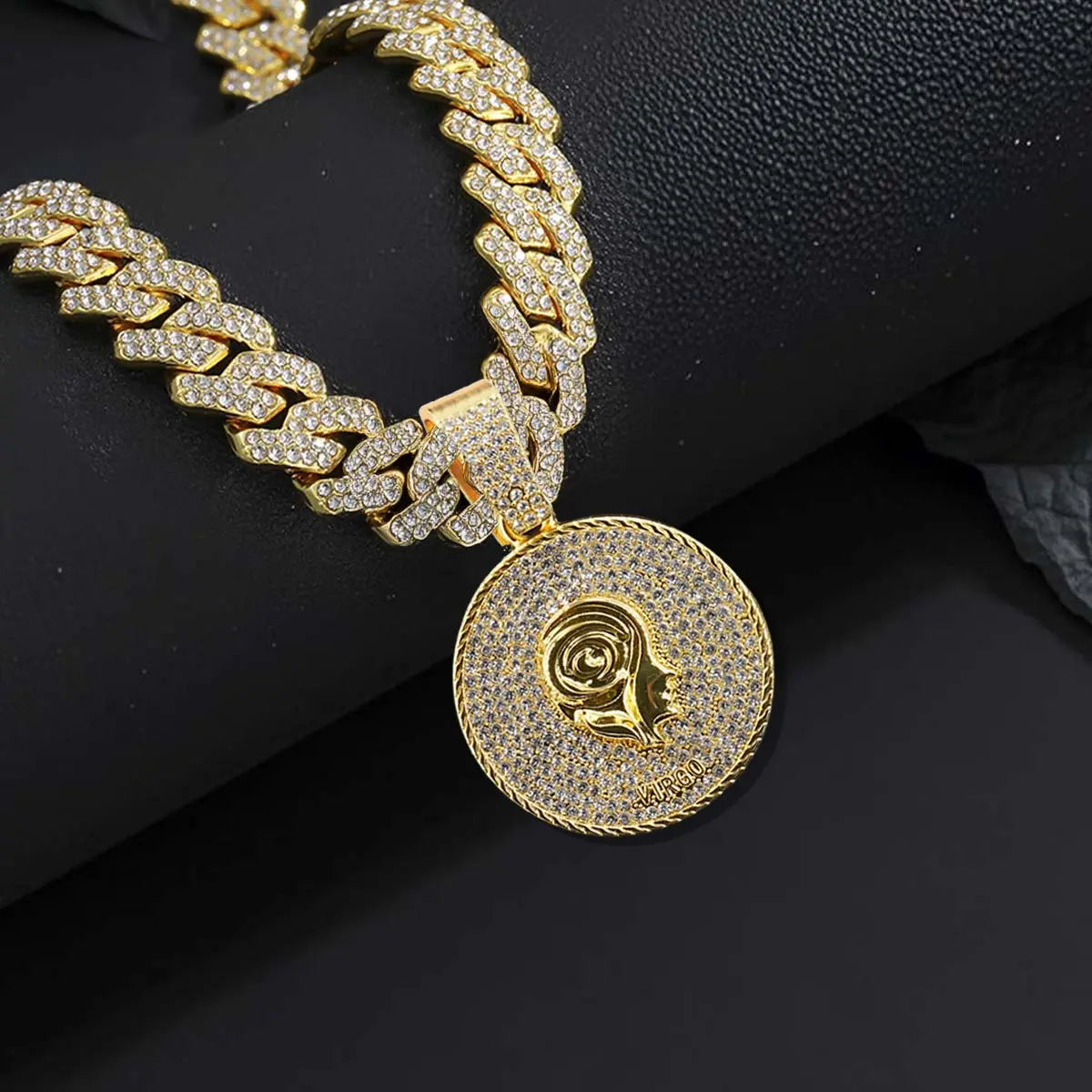 Zodiac Sign Necklace,12 Constellation Astrology Cuban Link Chain Miami Necklaces Iced Out Bling Rhinestone Pendant Hip Hop Jewelry for Men Women