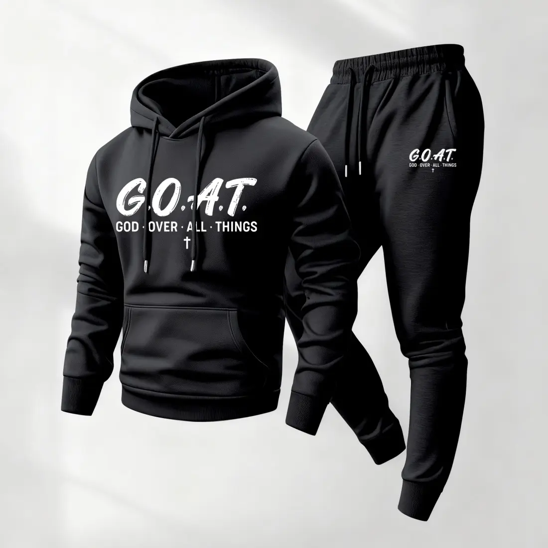 Men's 2-Piece G.O.A.T Print Hoodie & Drawstring Sweatpants Set, Casual Athletic Long-Sleeve Hooded Jacket & Trousers for Fall Winter, Daily Wear Athleisure Menswear Tracksuit