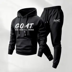 Men's 2-Piece G.O.A.T Print Hoodie & Drawstring Sweatpants Set, Casual Athletic Long-Sleeve Hooded Jacket & Trousers for Fall Winter, Daily Wear Athleisure Menswear Tracksuit