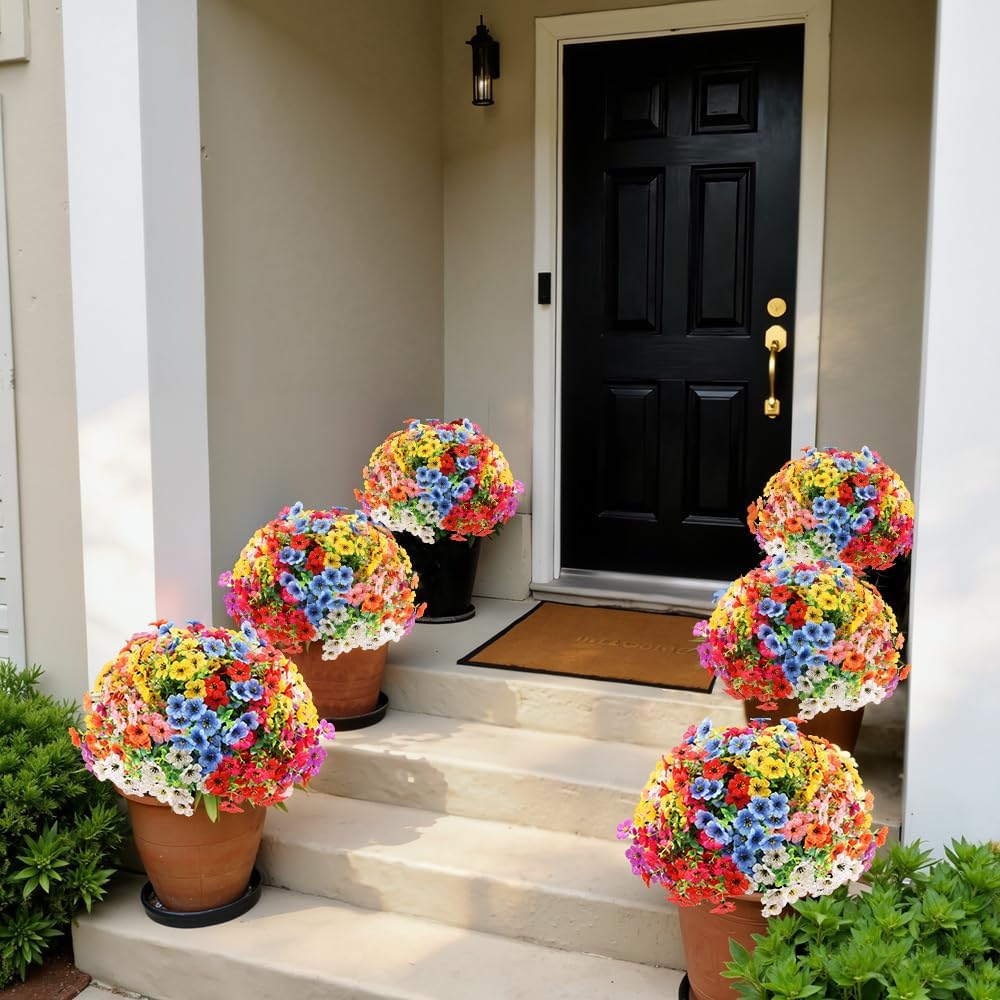 Lifelike Fade-Proof UV-Resistant Artificial Daisy Flowers with Eucalyptus - 8 Bundles, 4 Mixed Colors, Outdoor Indoor Home Decor for Planters, Front Door, Lifelike Look