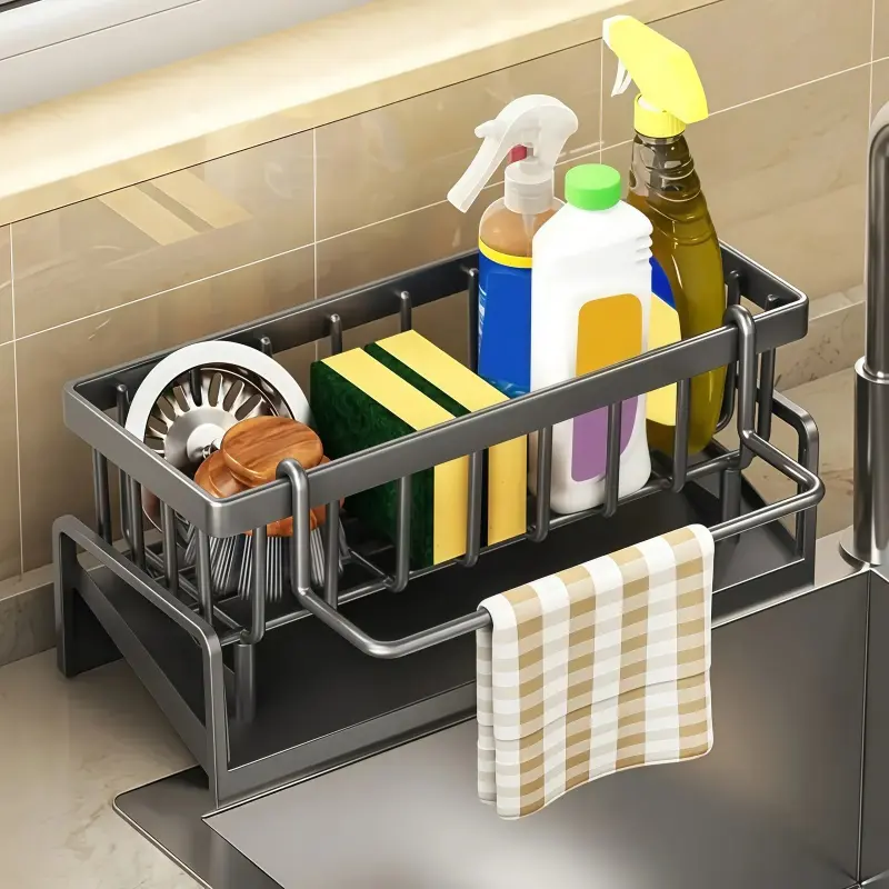 Sturdy Rust-Resistant Stainless Steel Kitchen Sink Organizer Rack - Black Heavy-Duty Self-Draining Holder for Sponges/Scrubbers, Space-Saving Kitchen Storage to Prevent Water Pooling