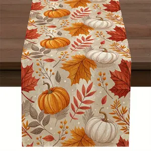 1 Autumn Pumpkin and Leaf Table Runner - Gray Ombre Design, Beige and Brown Fall Foliage, Perfect for Kitchen, Dining Room, or Party Decorations, Polyester Material, Rectangular Shape