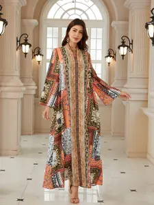 Middle Eastern Ramadan Women's Vintage Patchwork Paisley Rhinestone Long Robe, Dubai Style Festival Evening Gala Kaftan Abaya