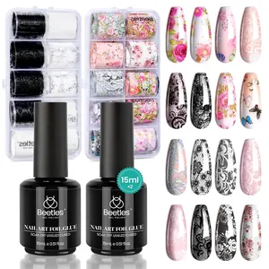 Beetles Nail Foil Glue Gel 2Pcs 15ml with 20 Lace Flower Butterfly Stickers Transfer Set for DIY Manicure Gifts for Women LED Lamp Soak Off Nail Art