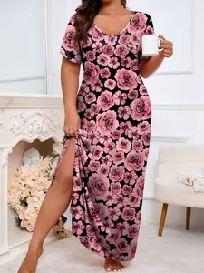 Women's Floral Print V-Neck Short Sleeve Long Split Hem Home Dress, Loungewear Casual Comfortablepajamas Summer Wear, Stylish Plus Size Clothing