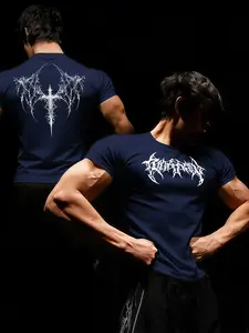 Men's Wing Print Round Neck Tight Fit Short Sleeve Gym Quick Dry T-Shirt, Running Training Top, Athletic Tops, Summer Casual Sportswear, Moisture Wicking Tee