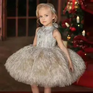 Girls' High Neck Feather Ball Gown - Sleeveless Fluffy Princess bubble Dress Star Print Tulle Capelet girl for 4-8Y Kids As Gift 256280