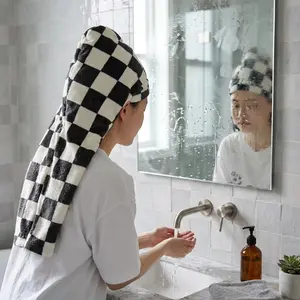 Microfiber Hair Turban Towel Wrap Soft Absorbent Coral Fleece Drying Towel with Button for Women Girls Quick Dry 65x25 cm Shower Bath Cap Craft Hemming