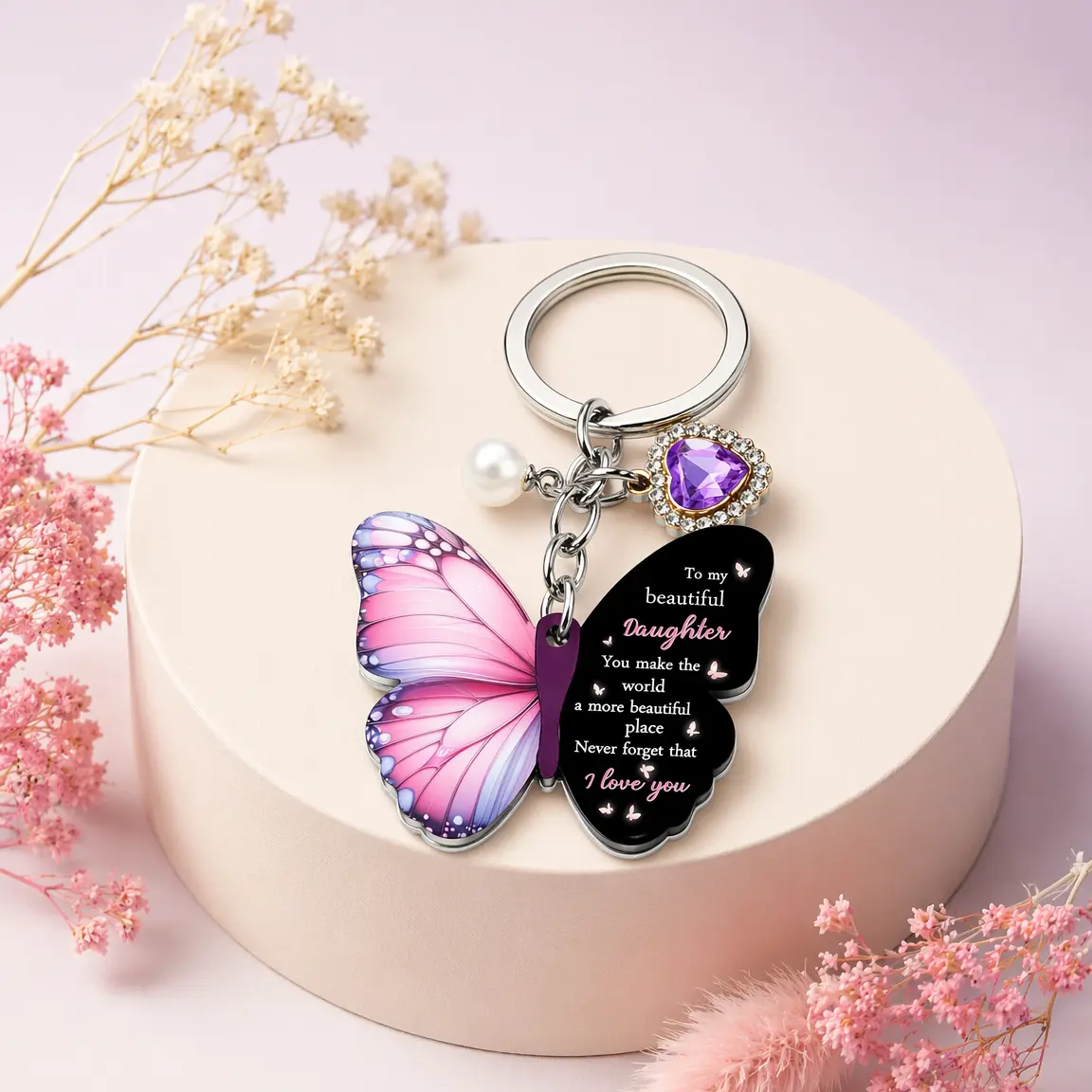 Purple Butterfly Charm Keychain - Compact Keychain for Daughters, Inspirational Love Gift for Birthday, Graduation, Charm Keychains, Compact Keychain Keychains