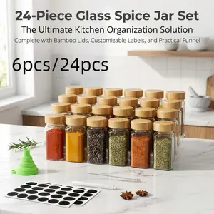 Set of 6/24 Glass Spice Jars with Bamboo Lids, Airtight Seasoning Containers with Secure Foam Packaging, Food-Safe Bottles for Kitchen Spice & Herb Storage