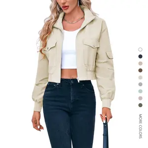 Danedvi Lady's Fashion Fitted Cropped Bomber Coat - Chic Collared Long Sleeve Tops Outerwear, Lightweight Streetwear Zip-Up Pockets, Basic Comfortable Athletic Fabric Everyday Casual Jacket