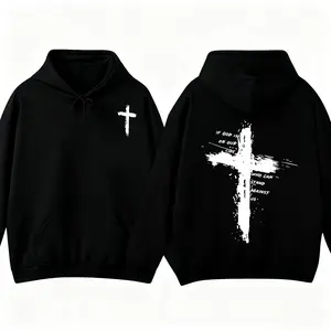 Men's Christian Cross Hoodie Sweatshirt - Oversized Cotton-Polyester Classic Fit Printed Menswear Tops, Double-Sided Grunge Faith Graphic, Long-Sleeve Soft Bold Cross Casual Pullover, Easter Apparel, All-Season Wear
