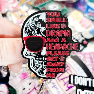 Slogan Graphic Badge Reel, 1 Count Acrylic Bling Retractable Badge Holder for Nurses, Doctors, Students, Workers, Volunteers, Badge Reels Retractable