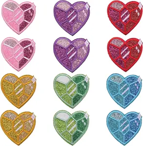 12PCS Embroidered Gem Heart Iron-On Patches - 2.4" Sew-On Applique Patches for Clothes, Jeans, Hats Repair & Decor
