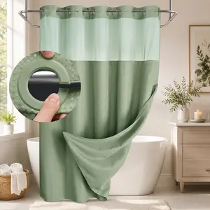 【Father's Day Gift 】Green Double Layer Waffle-Pattern Shower Curtain - No Hook Snap-in Liner, Fabric Waterproof Inner & Washable White Outer Cloth, Modern Bathroom Accessory for Home/Hotel/Salon/Dorm, 72x75 Inch