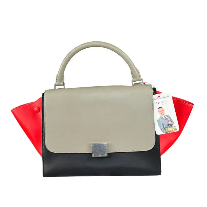 Pre-owned Celine Leather Top Handle Trapeze Tri Color Red Black Grey Turn Lock Purse