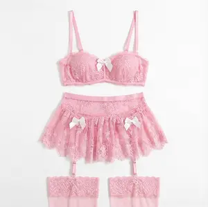 Coquette Pink Bow Lace Lingerie Set - Ruffle Garter Skirt with Stockings, Adjustable Spaghetti Straps, Breathable & Soft, 4-Piece Set - Womenswear Matching Black Floral Fit Bralette Fishnet Satin