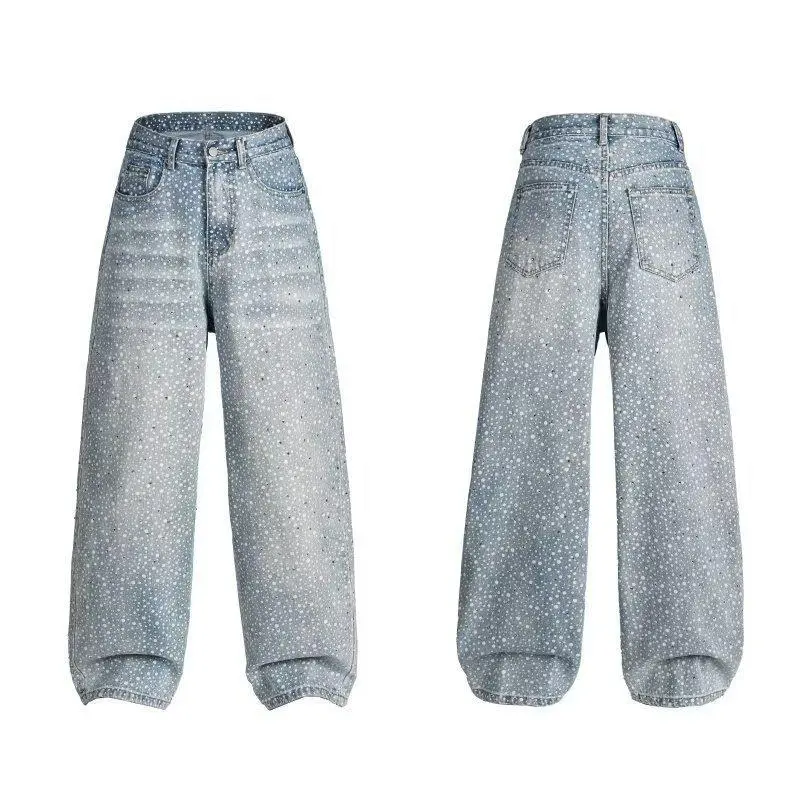Women's High-Waist Straight-Leg Retro Streetwear Maternity Jeans - Crystal Polka Dot Frayed Denim with Rhinestones, Trendy Casual Clothing Bottoms