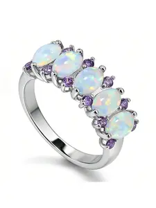 White Opal & Purple Zircon Ring Trendy Jewelry for Best Friend,Daily Wear with Dreamy Fire Opals & Cluster Design Gift