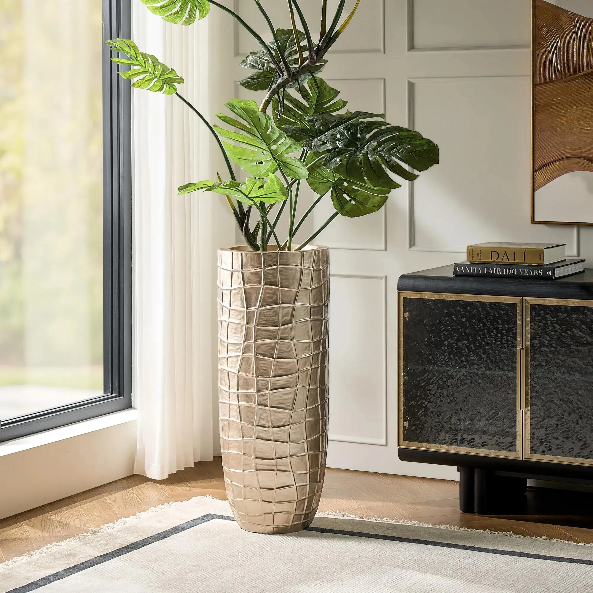 Z Gallerie Luca Large Tapered Cylinder Flower Pot - Elevated Modern Indoor Plant Holder, Polished Gallery-Like Anchor, Raised Woven Grid, Soft Champagne Finish, Home Decor Accessory, Pot for Plants Alternative, Elevated Planter