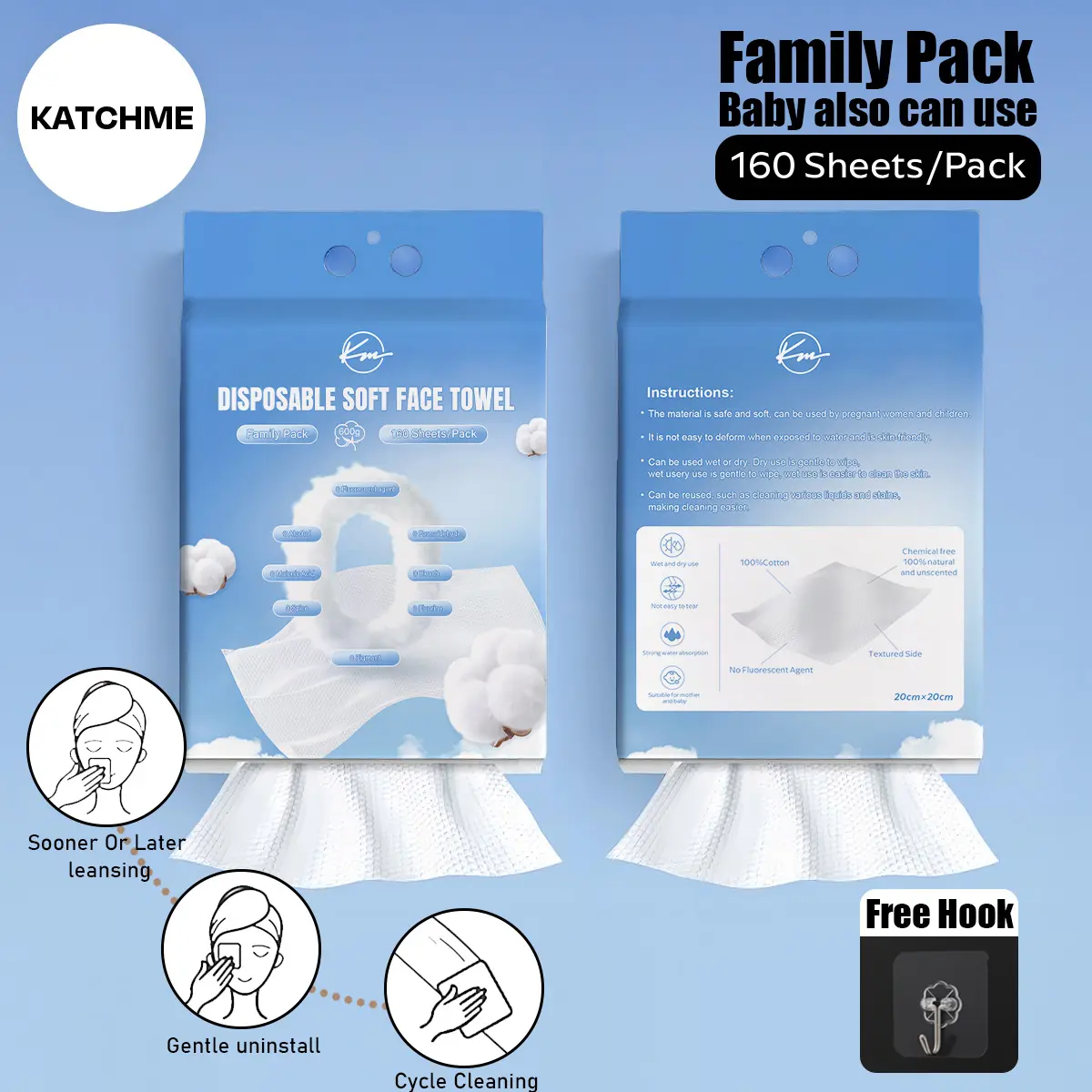 KatchMe Cotton Disposable Soft Wet & Dry Dual Use Face Towel, Hanging Facial Towels for Cleansing, Skincare and Makeup Remover, 160 Sheets