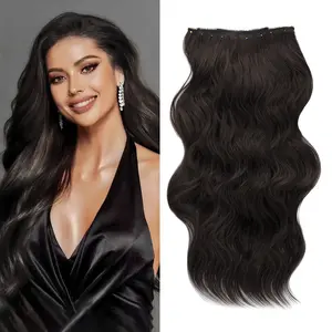 [ Qbeauty ] Dark Brown Clip- in Synthetic Hair Extensions Long Wavy 4PCS Thick Hairpieces Double Weft Natural Hair Extensions for Women