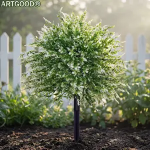 ARTGOOD Set of 2 Premium Decorative Artificial White Lavender Topiary Ball Stakes - 51cm UV Protected Faux Garden Plants for Outdoor Patio, Path & Border Decor