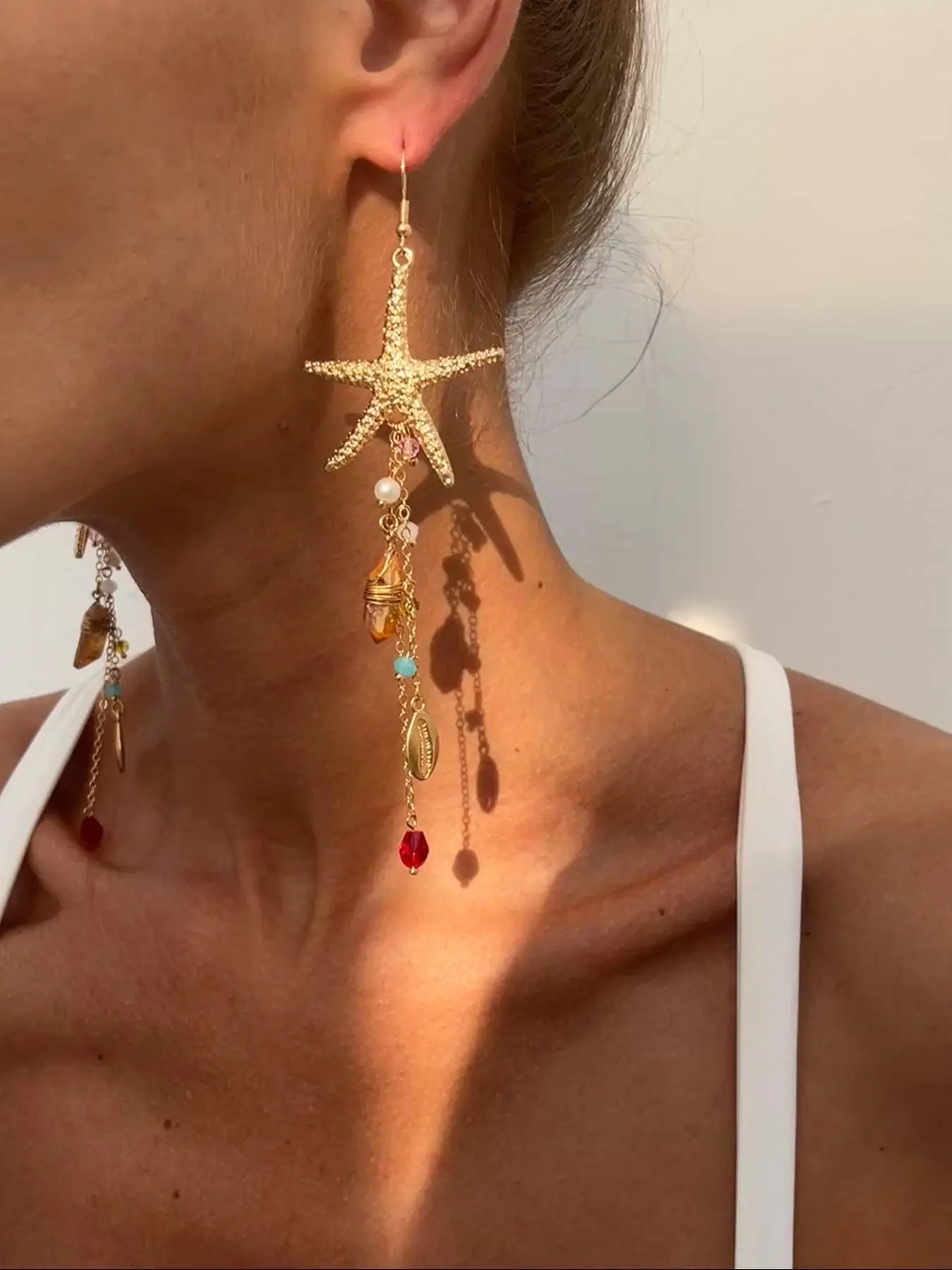 Women's Boho Style Alloy Statement Dangling Earrings, Ocean-Inspired Starfish Shell Design, Irregular Crystal Beaded Dangle Jewelry for Daily Wear & Vacation