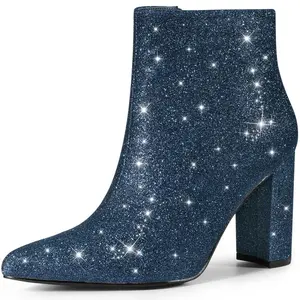 Perphy Women's Glitter Sparkly Pointed Toe Zipper Chunky Heels Ankle Booties 10 Navy Blue