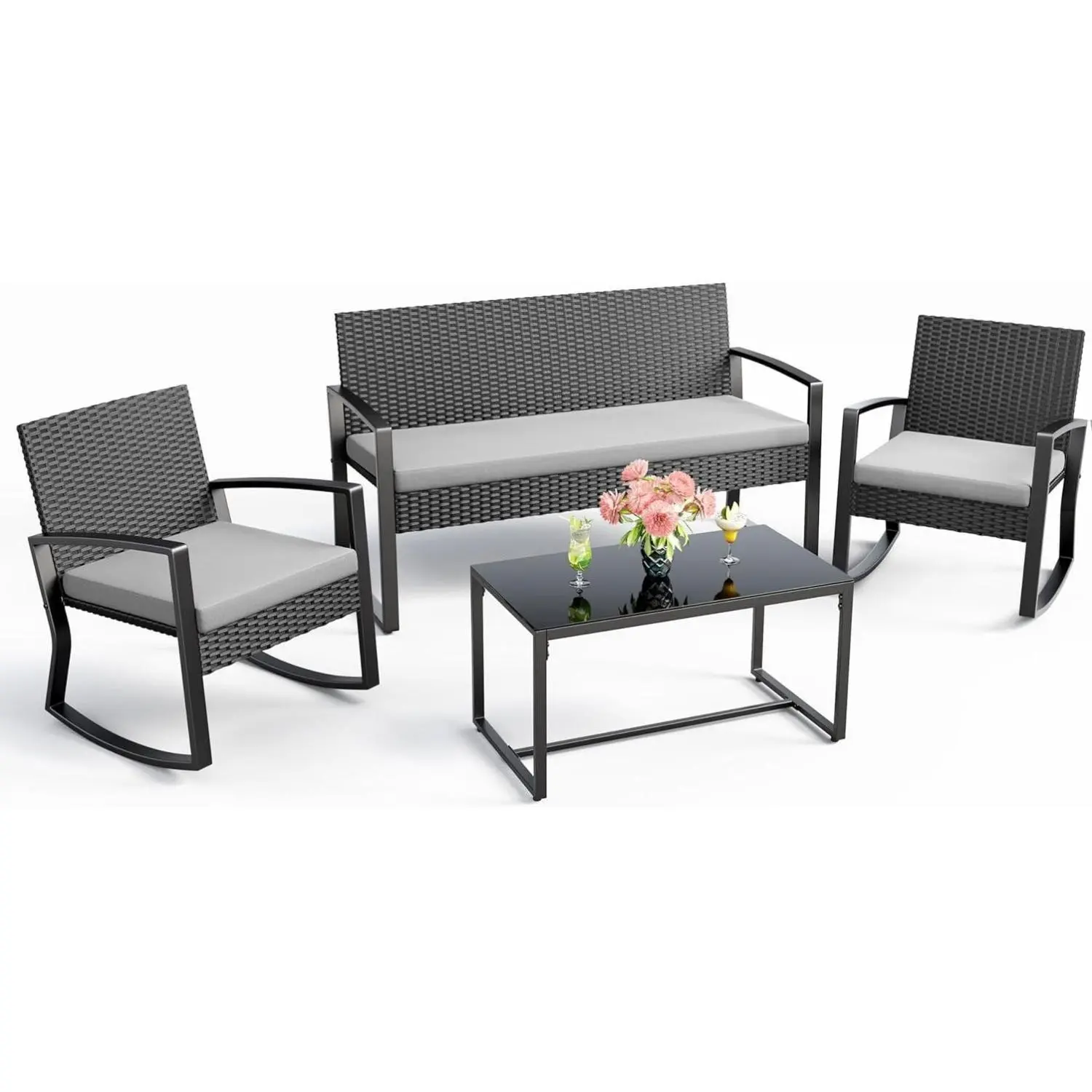 GIZOON 4-Piece Classic Outdoor Sofa Sets, Wicker Patio Bistro Sets with Glass Coffee Table, Rocking Wicker Seating for Backyard, Poolside,outdoorfurnitureset
