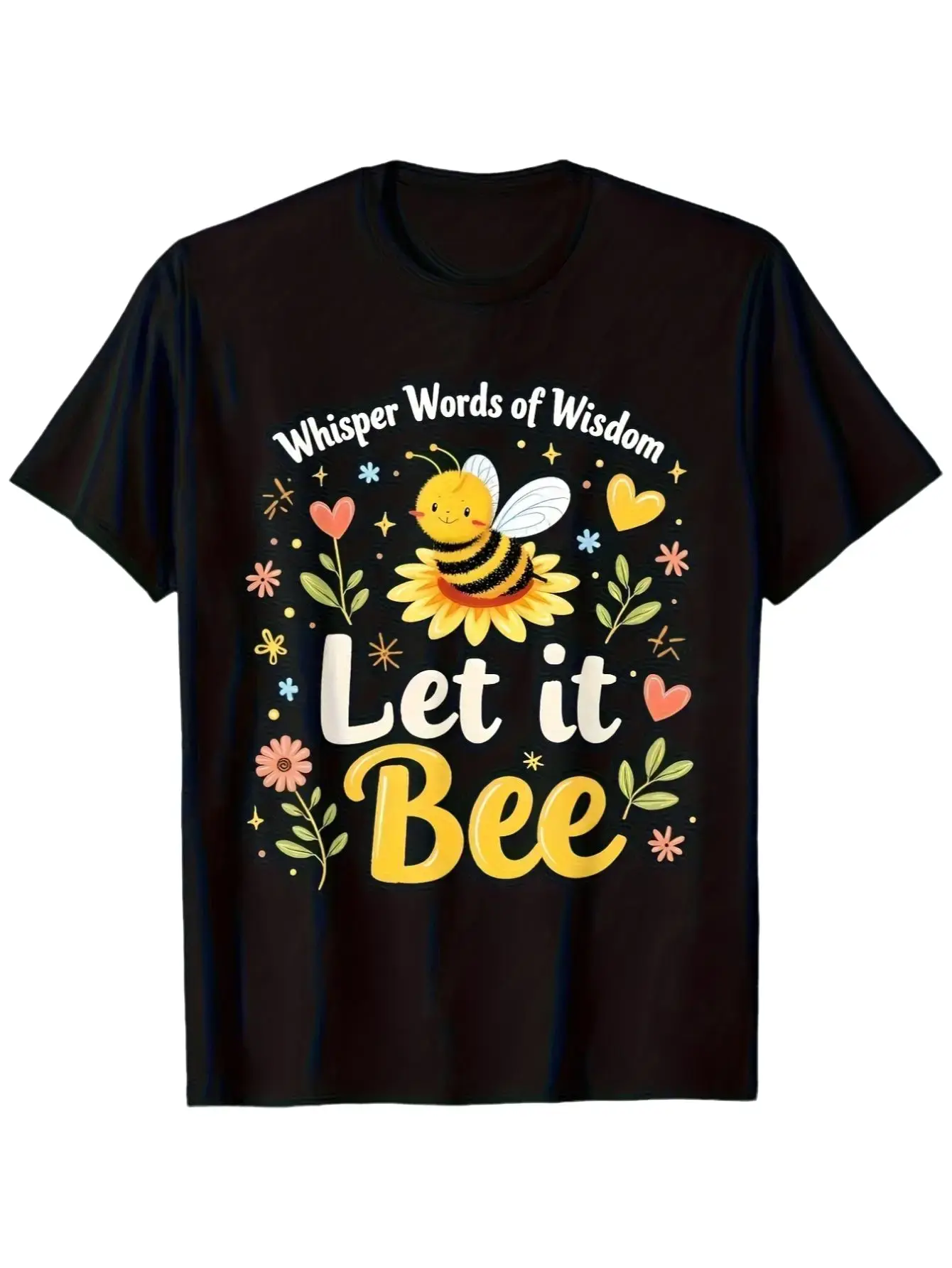 Floral Heart Star Boho Beekeeper National Bee Day Black Cotton T-Shirt Unisex Menswear Menswear Man Streetwear Shortsleeve Crewneck