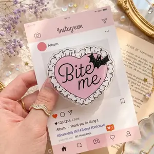 Bite Me Phone Grip, Pink Heart Acrylic Grip with Gothic Quote, Cute Spooky Phone Holder for Smartphones