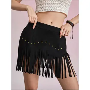 Women's Suede Fringe Sexy Cowgirl Skirts Country Concert Outfit Western High Waisted Skirt