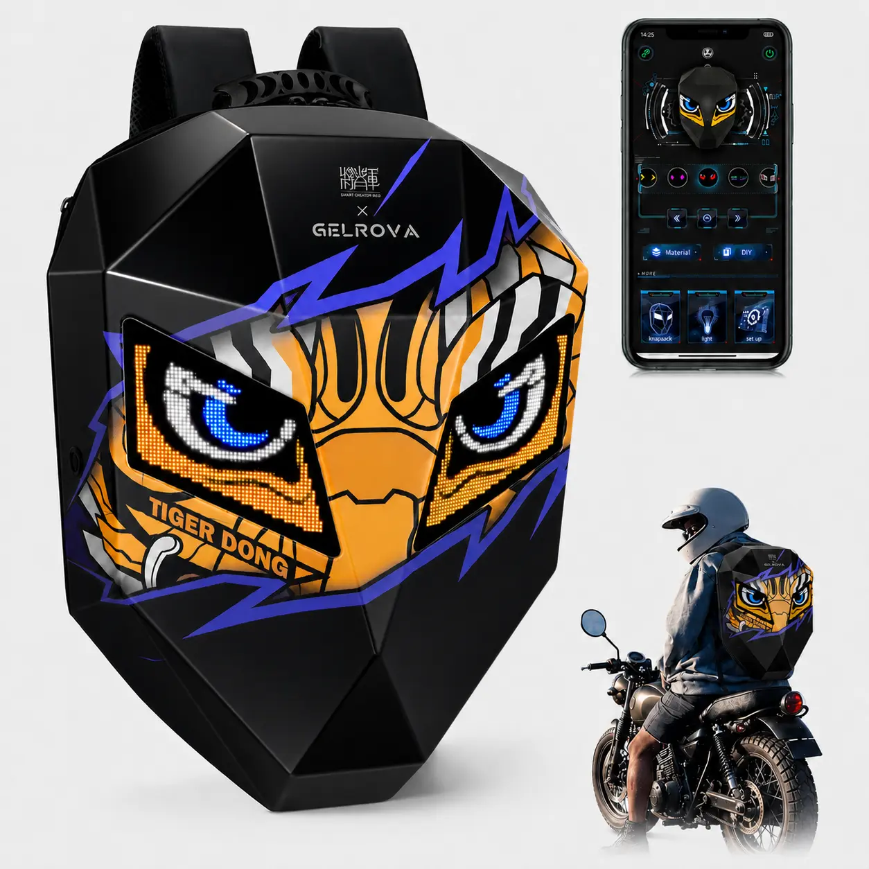 Gelrova Knight LED Motorcycle Backpack - 19in (13.5*7.5*18.8in) ABS Sporty Chic Daypack, Programmable Screen, Adjustable Shoulder Strap, Water-Resistant, Black Sports & Outdoor Accessory for Cycling, Travel (Birthday Gift), Led Display Screen, 48*48 Full-