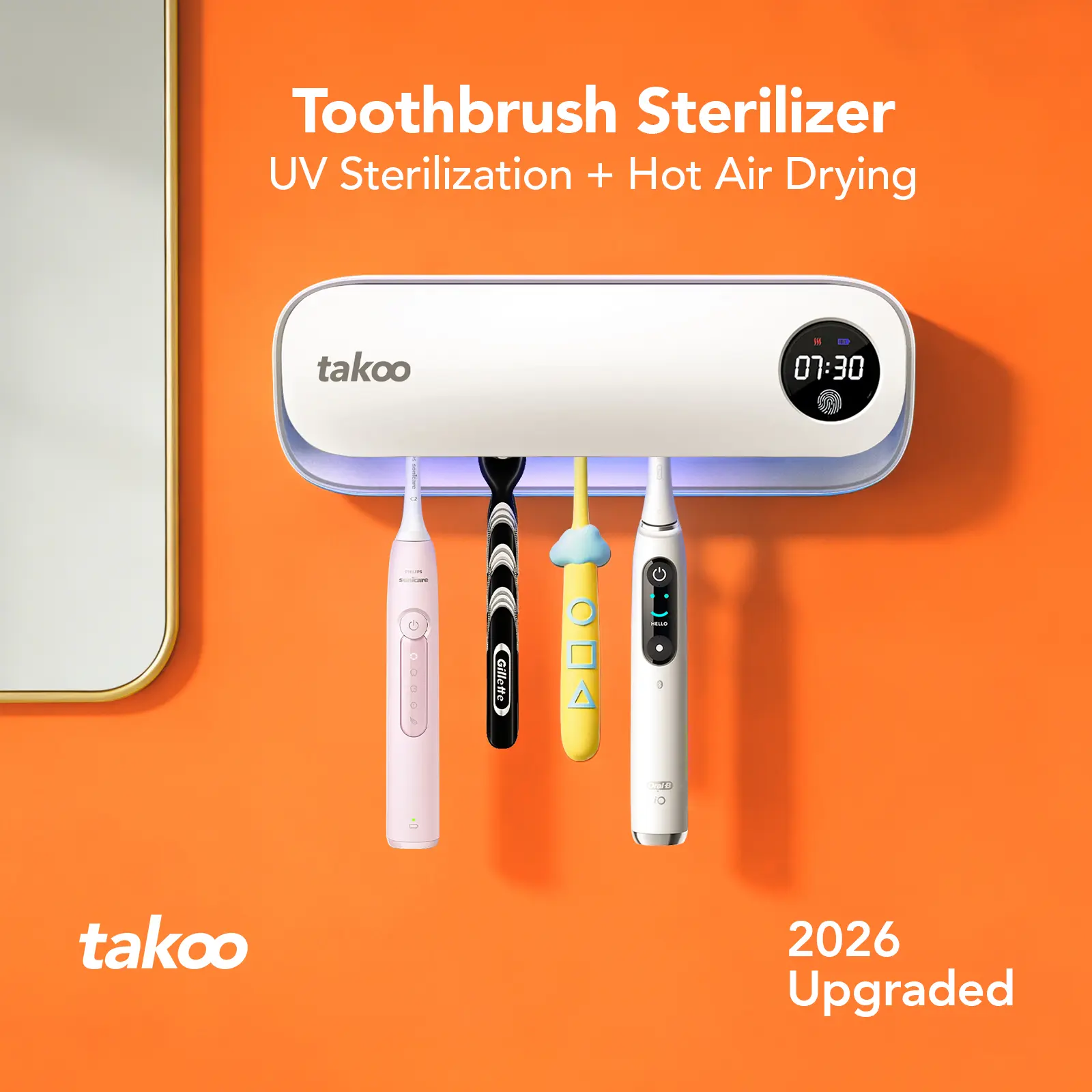TAKOO Multifunctional Modern UVC Toothbrush & Razor Sterilizer with Dryer - Smart Hot Air Drying, Automatic Sterilization, Wall Mount Toothbrush Storage, Rechargeable Bathroom Dental Accessories (Father's Day Gift Option)
