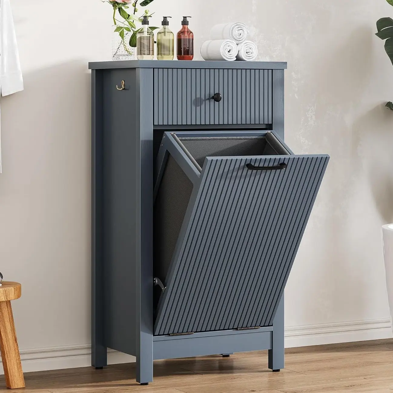Grey Modern Floor-Standing Tilt-Out Laundry Hamper Cabinet with Hidden Drawers, 10-gal Removable & Portable MDF Basket, 21.1x13.7 Inches, Waterproof Coating, Self Cleaning Trash Storage for Home Bathroom Organization, 10 Gallon