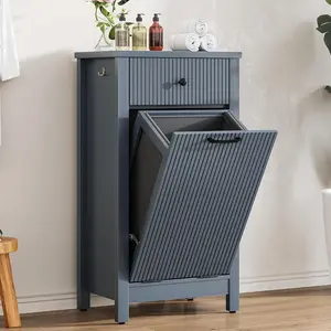 Tilt-Out Laundry Hamper Cabinet with Drawer, 10 Gallon Fluted Trash Can Cabinet with Laundry Basket, Hidden Wood Garbage Can Bin Cabinets for Bathroom & Kitchen, Grey