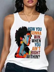 Women's Summer Casual Loose-Fitting Tank Top with Letter and Woman Portrait Print, Soft and Comfortable Home Essential, Womenswear
